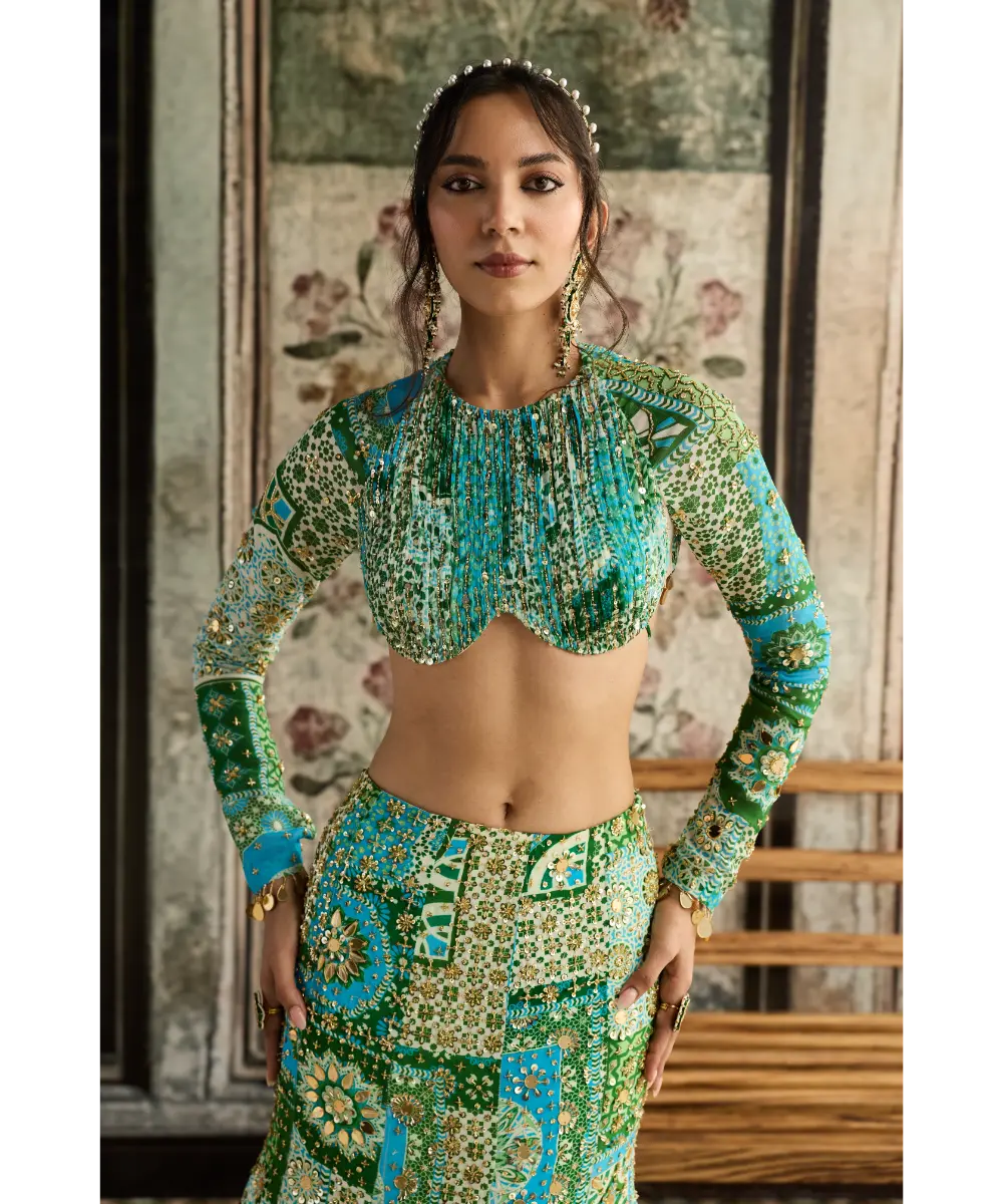 DIYARAJVVIR - Aqua Print and Highlighted Ruched Blouse Mermaid Skirt Set